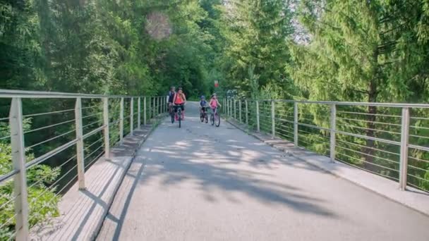 Familj Fyra Personer Korsar Asfalterad Bro Sin Cykeltur Genom Skogen — Stockvideo