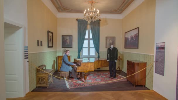 Caballero Blanco Formales Tocando Piano Exhibido Bajo Área Restringida Museo — Vídeo de stock