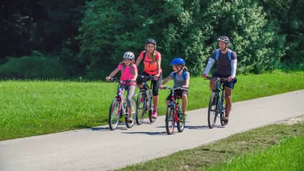 Healthy Caucasian Family Ride Bikes Together Park Morning — Stock Video