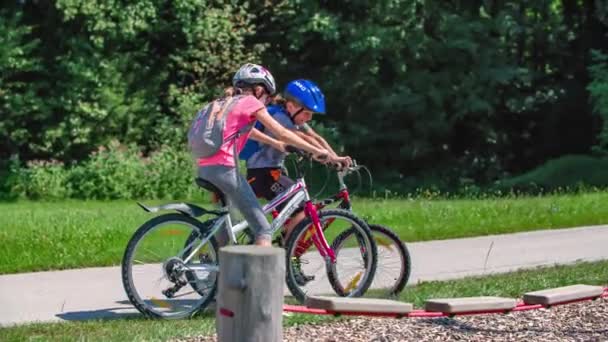 Familie Stopt Bij Een Hindernisbaan Het Park Langzame Beweging Volgt — Stockvideo