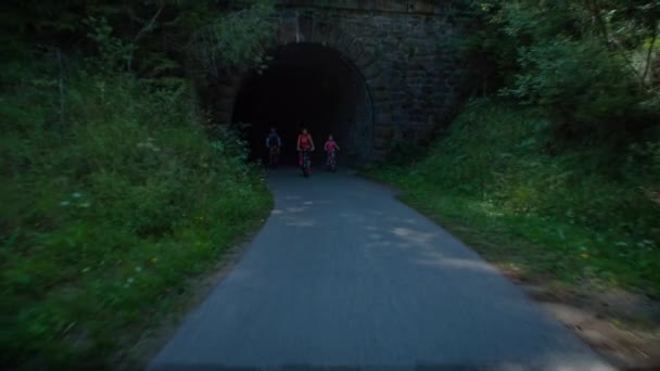 斯洛文尼亚的一个家庭骑自行车走在一条被森林和高山环绕的美丽的小径上 — 图库视频影像