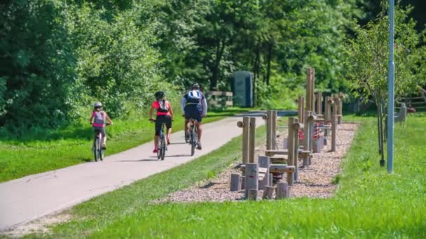 Μια Οικογενειακή Ποδηλασία Μαζί Στο Πάρκο Μια Φωτεινή Ηλιόλουστη Μέρα — Αρχείο Βίντεο