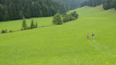 Slovenya Topla Doğal Parkı, Topla Doğal Parkı 'nın çimenli tepelerini keşfetmek için baston kullanarak 30' lu yaşların sonlarında erkek ve kadınların hava görüntüsü.