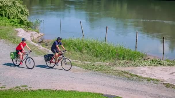 Active Fit Friends Cycling Canoeing Enjoying Rest Drava River — Stock Video