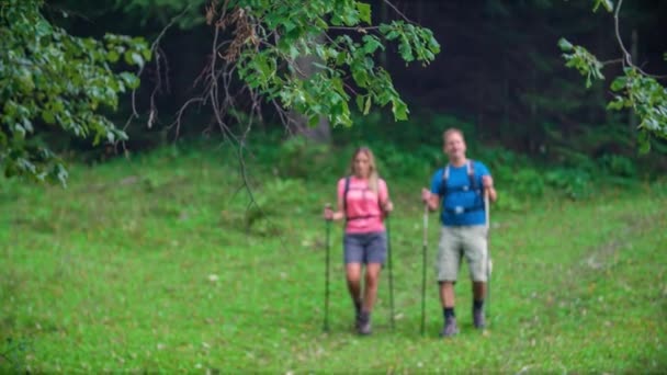 Slow Motion Two Hikers Walking Exploring Slovenian Nature — Stock Video