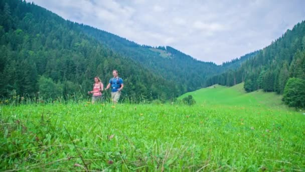 Trekking Paar Vordergrund Mit Talsohle Mit Schönem Niedrigen Grünen Rasen — Stockvideo
