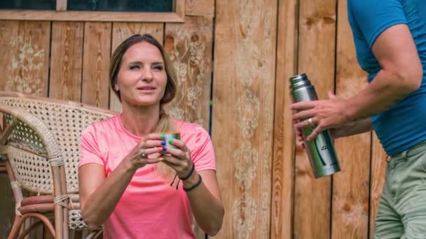 Couple Drinking Water Canteen Mountain Excursion Man Inviting Girl Drink — Stock Video