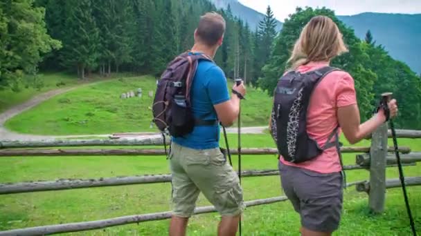 Clip Eines Paares Das Während Eines Ausflugs Auf Einem Bergpfad — Stockvideo