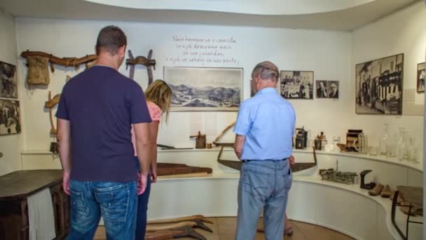 Blanke Volwassen Familie Bewonder Geschiedenis Tentoonstelling Museum Crna Koroskem Slovenië Stockvideo