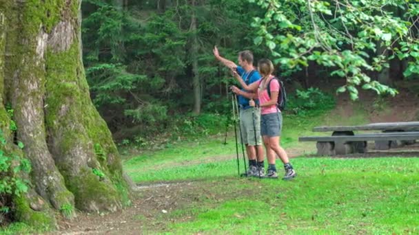 ハイキング旅行でトレッキングカップル スロベニアのナジェフスカ リンデンの木を訪問 — ストック動画