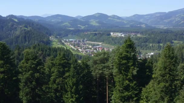 渓谷のアルパインの町を明らかにする 山と緑豊かな森 空中前方 — ストック動画