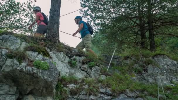 Excursionistas Felices Hombres Mujeres Celebrando Después Llegar Cima Montaña — Vídeos de Stock