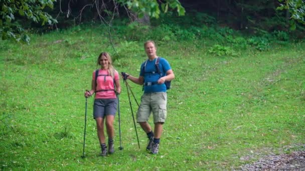 Movimento Lento Casal Ativo Caminhadas Com Postes Uma Floresta Olhando — Vídeo de Stock