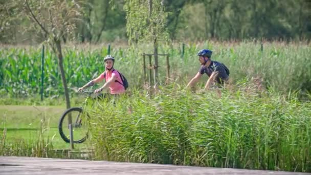 Doğa Parkında Bisiklet Süren Çift Ahşap Patika Radlje Dravi Yavaş — Stok video