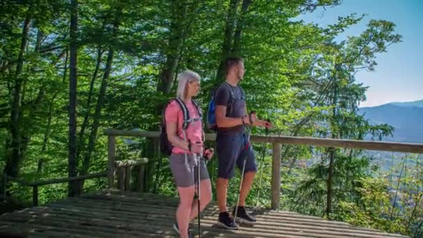 Joyeux Randonneurs Arrivant Point Vue Panoramique Fenêtre Verte Radlje Dravi — Video