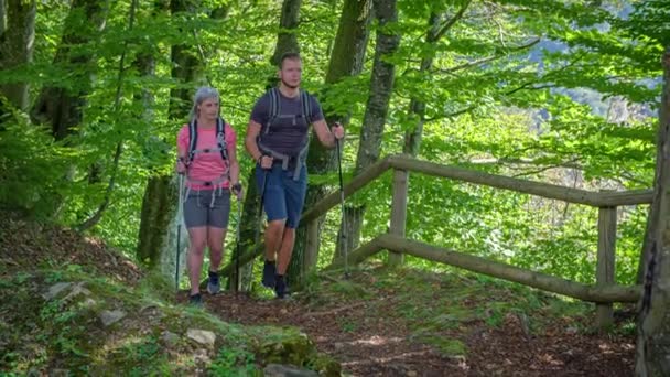 Chlapec Dívka Kráčející Pomalým Pohybem Horské Stezce Zelené Okno Slovinsko — Stock video