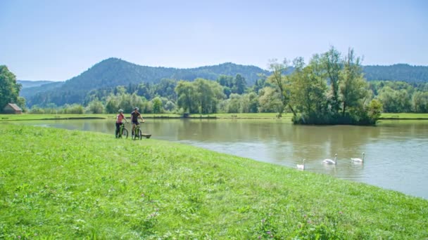 Dois Viajantes Caucasianos Andando Bicicleta Lado Belo Lago Com Cisnes — Vídeo de Stock