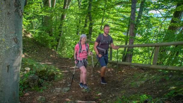 Glückliches Paar Beim Wandern Wald Herrliche Aussicht Auf Radlje Dravi — Stockvideo