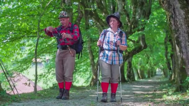 Пожилые люди ходят в походы — стоковое видео