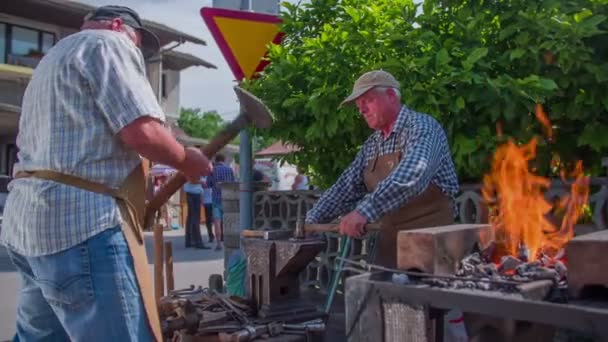 Blacksmiths adalah menyetrika bersama-sama di pedesaan adil — Stok Video