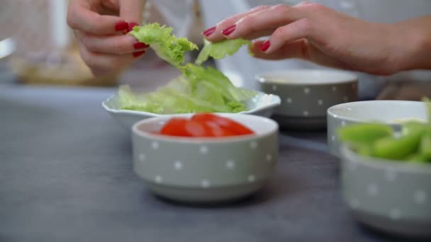 Cuisinière préparant la salade — Video