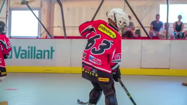 Kinder trainieren in schöner Hockeyhalle — Stockvideo