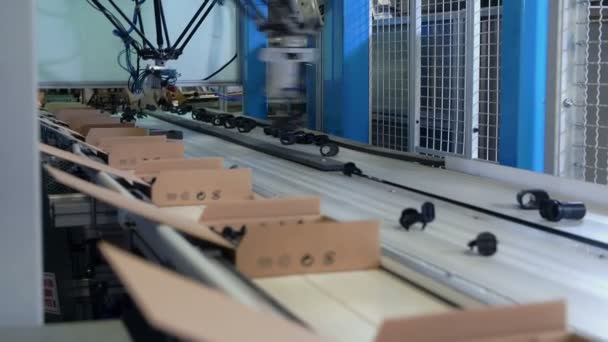 Robôs estão colocando peças da linha transportadora — Vídeo de Stock