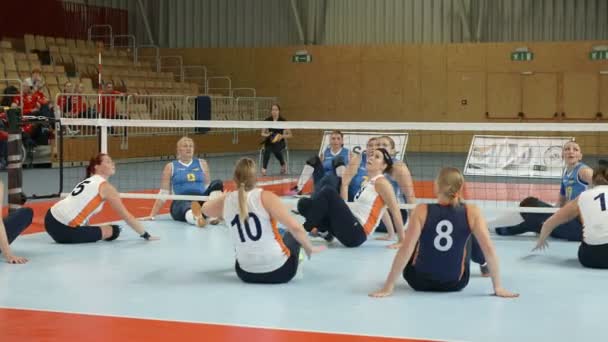 Joueurs jouant au volley-ball assis — Video