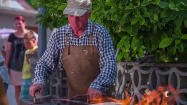 Attente d'un feu approprié pour forger sur la foire rustique — Video