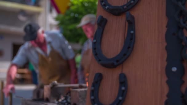 Eisenwaren werden auf Bauernmarkt ausgestellt — Stockvideo