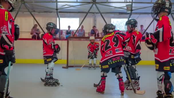 Jóvenes jugadores de hockey sobre entrenamiento de hockey — Vídeos de Stock