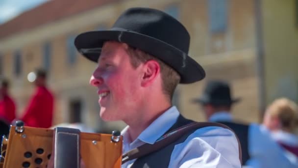 Homem com um chapéu tocando acordeão durante o casamento — Vídeo de Stock