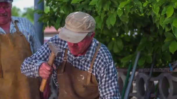 Eisen schmieden mit Hammer auf Bauernmarkt — Stockvideo