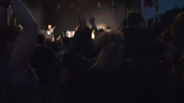 Дамы стоят в толпе на рок-концерте — стоковое видео