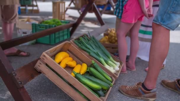 Frisches Gemüse wird auf Bauernmarkt verkauft — Stockvideo