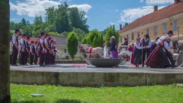 Tancerze taniec przy fontannie na tradycyjne wesele — Wideo stockowe