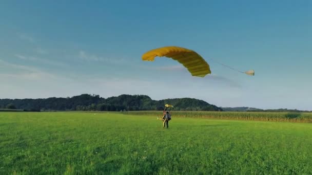 Paracaidistas aterrizando en una hierba en la naturaleza — Vídeos de Stock