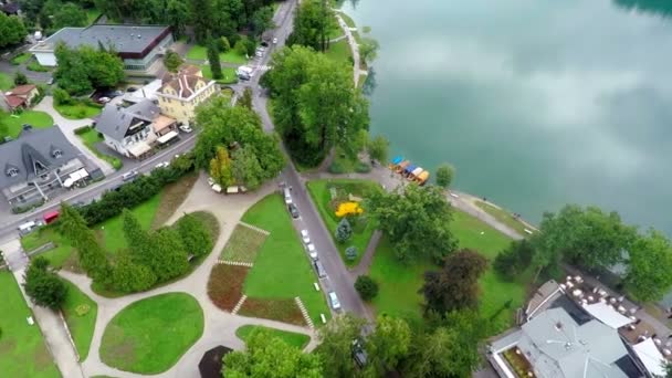Grön park står nära sjön på en vacker plats — Stockvideo