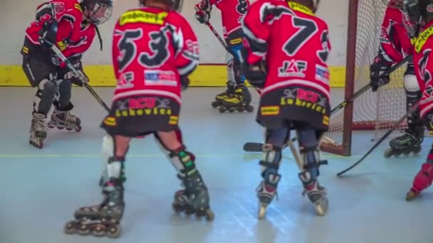 Kinderen is batting voor hockeypuck op opleiding — Stockvideo