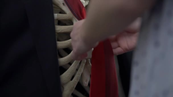 Vrouw omhoog het kleden van het skelet — Stockvideo