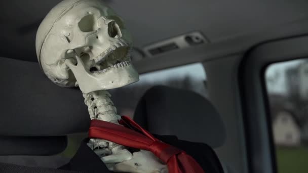 Костяной скелет в автомобиле — стоковое видео