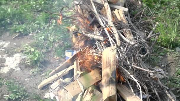Dřevo hoří venku — Stock video