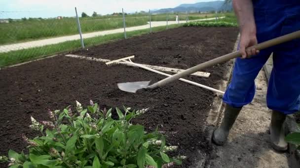 Садовник с помощью лопаты — стоковое видео