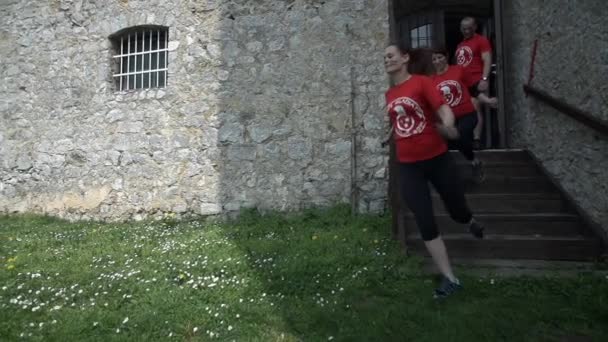People running out of a castle down the stairs — Stock Video