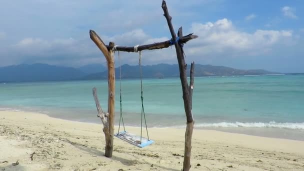 Rustic seaside swing on beach — Stock Video