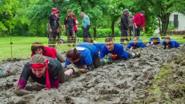 Equipo arrastrándose por el barro como parte de la carrera de obstáculos — Vídeos de Stock