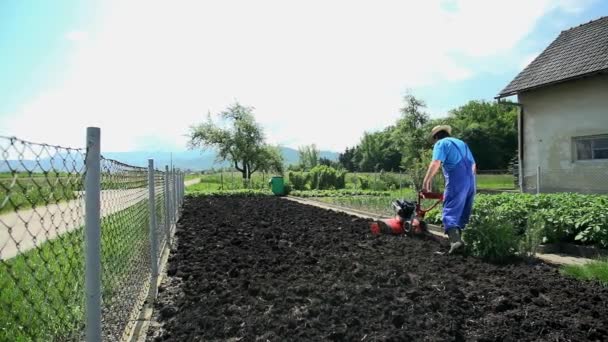 Homem cultivando solo — Vídeo de Stock