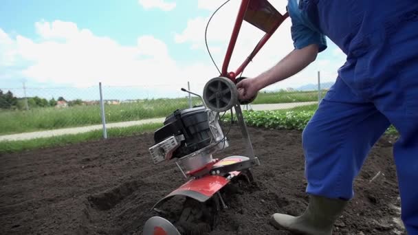 庭師は小型の耕起機を修正します。 — ストック動画