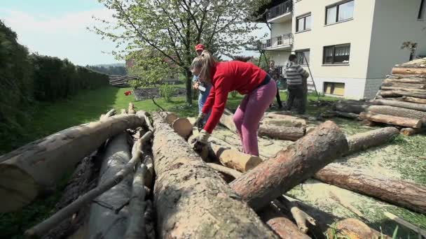 Människor lagra trä för kalla dagar — Stockvideo