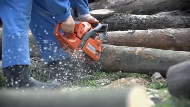 Working with chainsaw in slow motion — Stock video